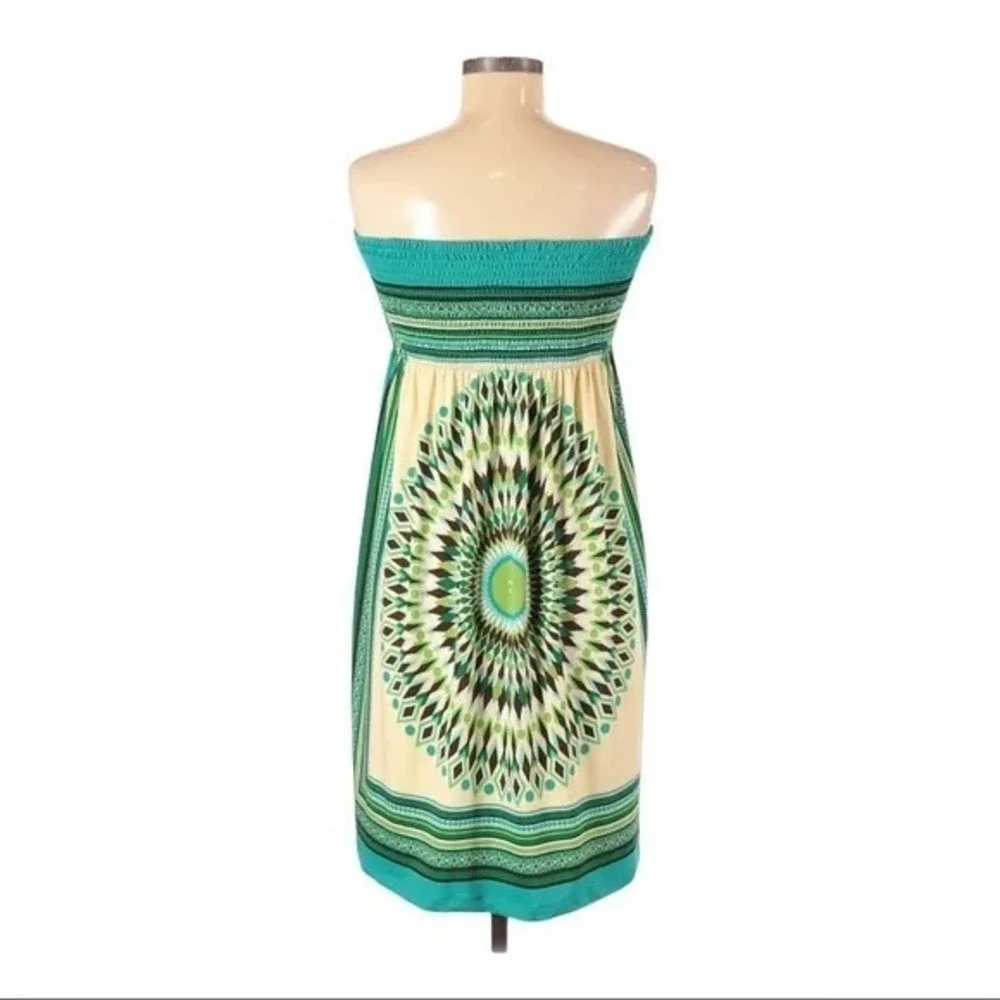 Bailey Blue Womens Teal Green Medallion‎ Smocked Strapless Tube Dress Midi M
